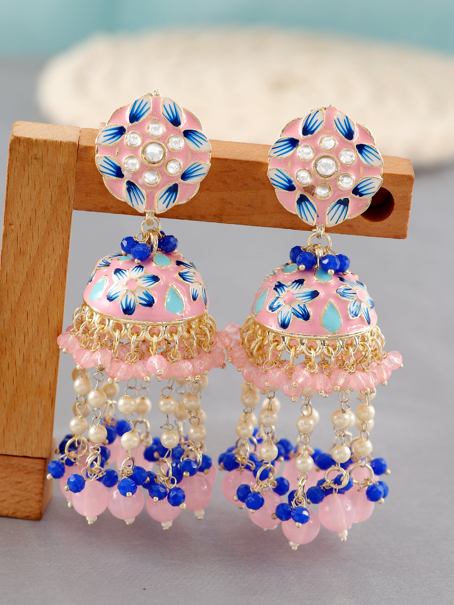 Indian Gold Plated Minakari Pearl Sky Blue Jhumka Earring For Women & –  Silvermerc Designs