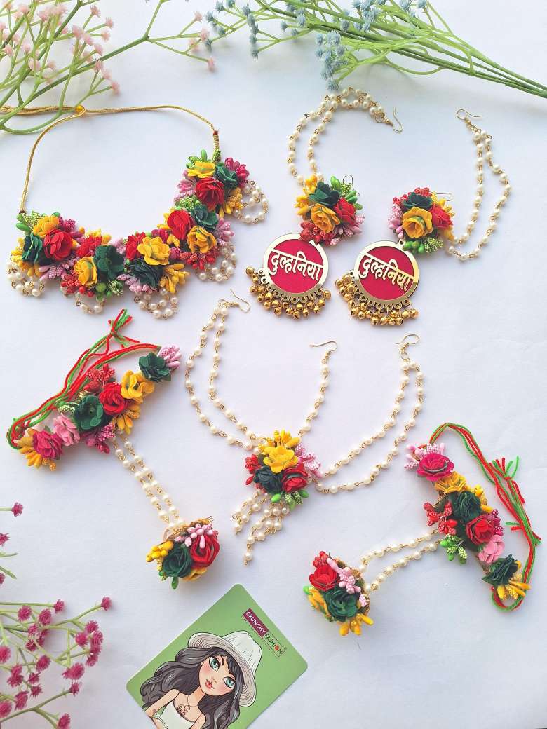 Artificial Multicolored Floral Jewelry Set factory for Women Girls Artificial Jewelry Designer Set for Mehandi Haldi/Bridal/Baby Shower Bridesmaid