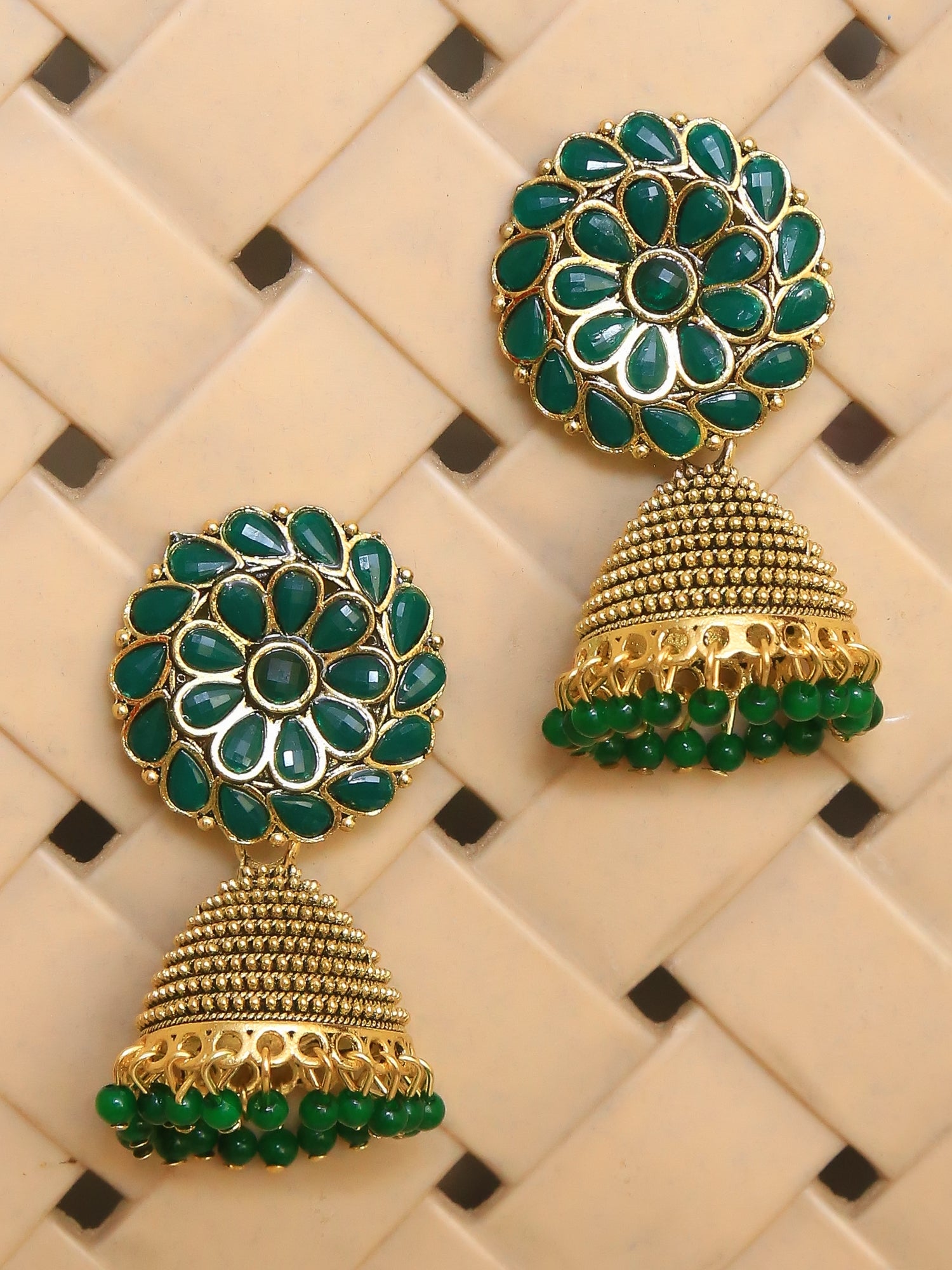 Silver Gold Plated Green Mayura Jhumka Earrings – Pia Ka Ghar