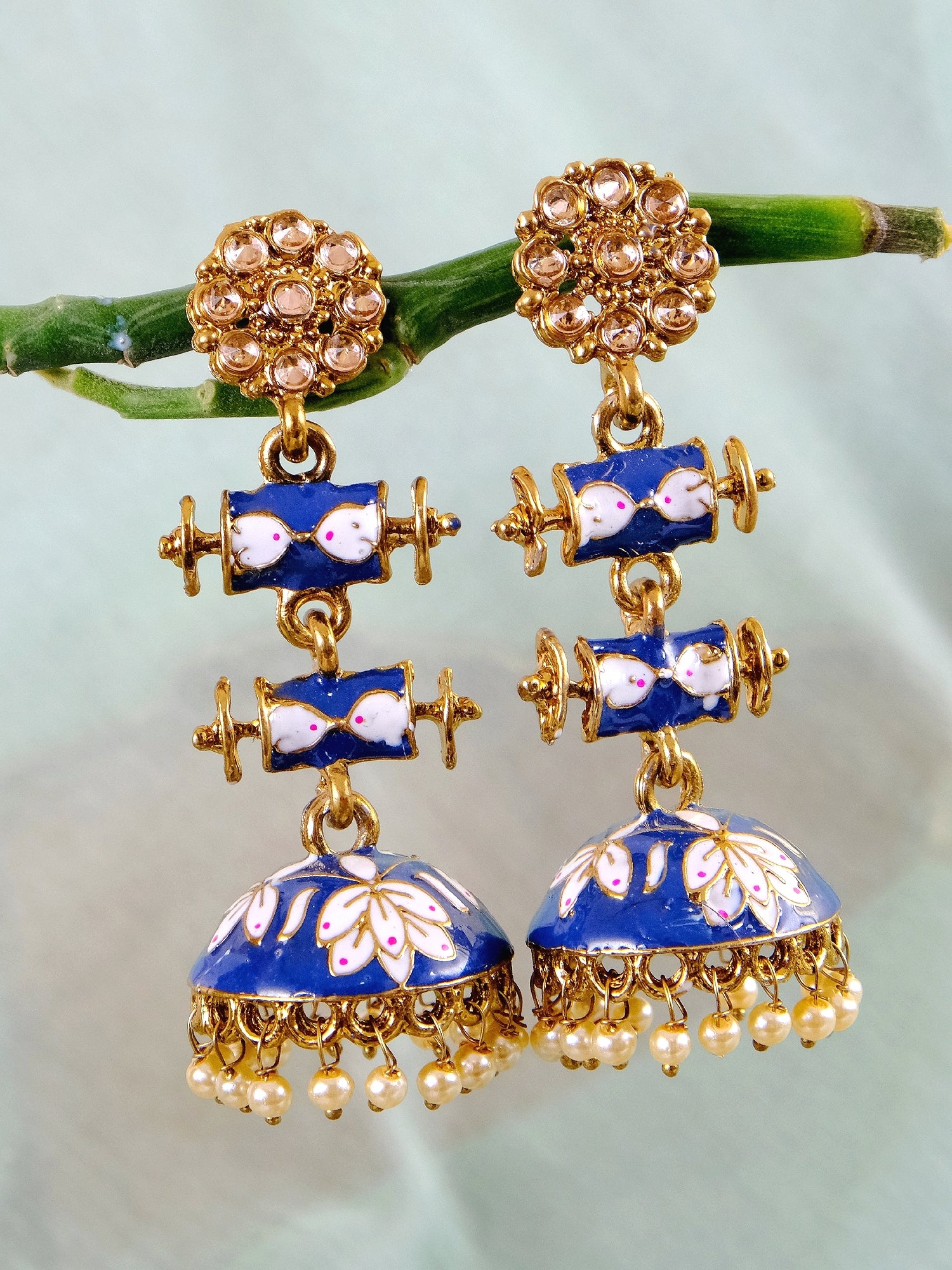 Green Meenakari and Kundan studded Gold Plated Oversized Jhumka Earrings  Brass