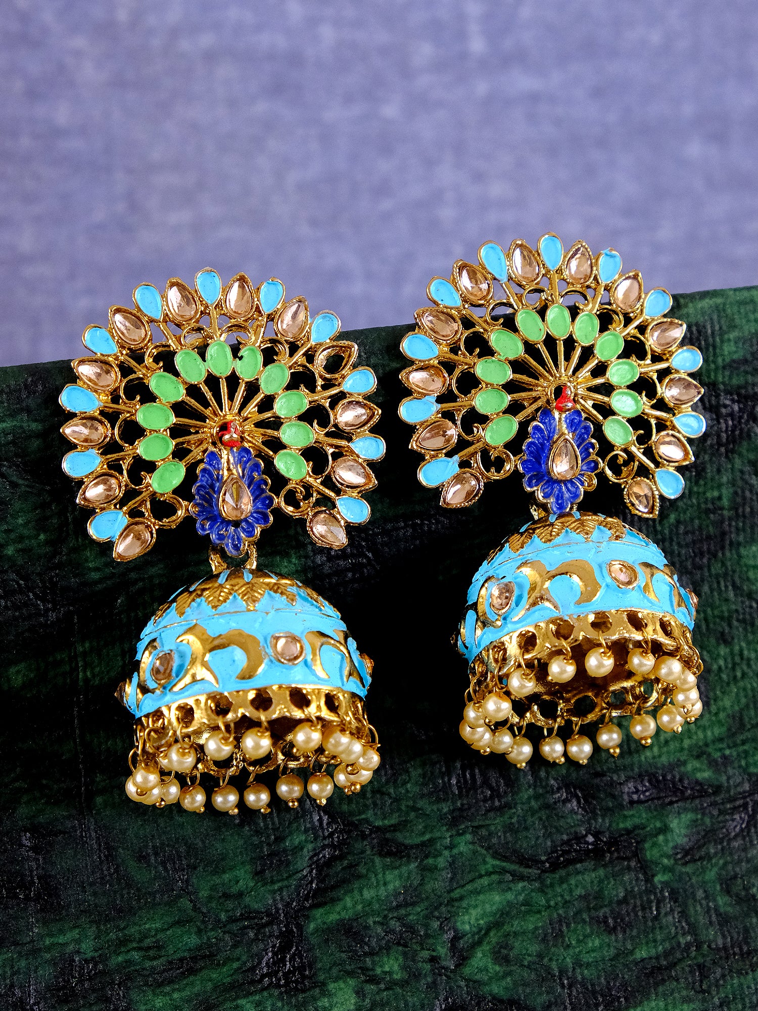 Yaalz ZigZag Chand Bali Jhumka Earring In Royal Blue With Pink Colors