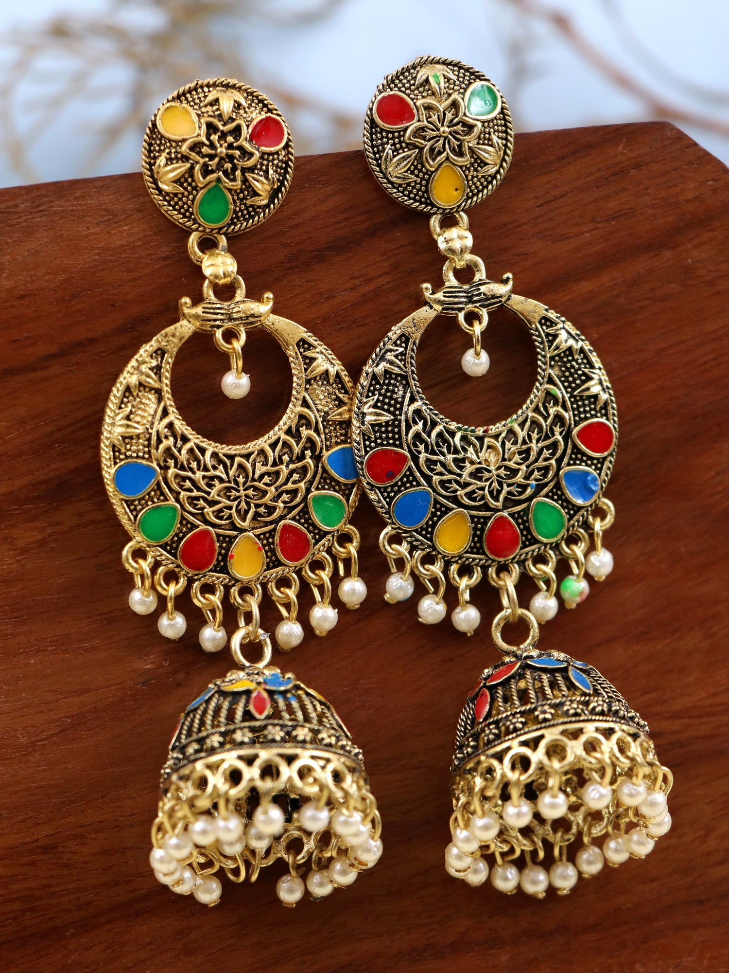 Buy Anika's Creations Gold Plated Oxidised three layer fusion Jhumka Earring  Online