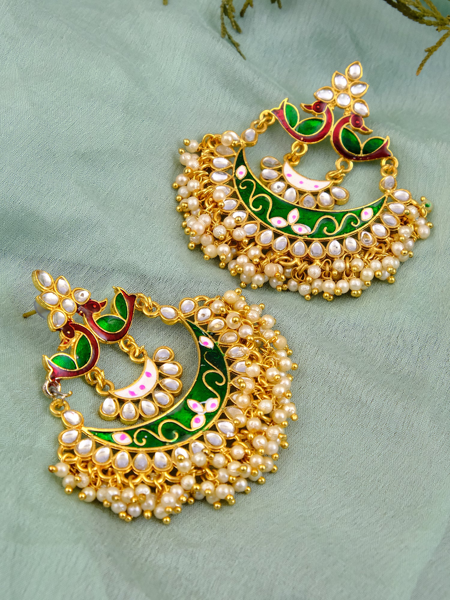 Buy Meenakari Work Gold Plated 2 Layered Beaded Green Chandbali Earrings  with Kundan and Pearl Work By House of Ree Online at Best Price | Distacart