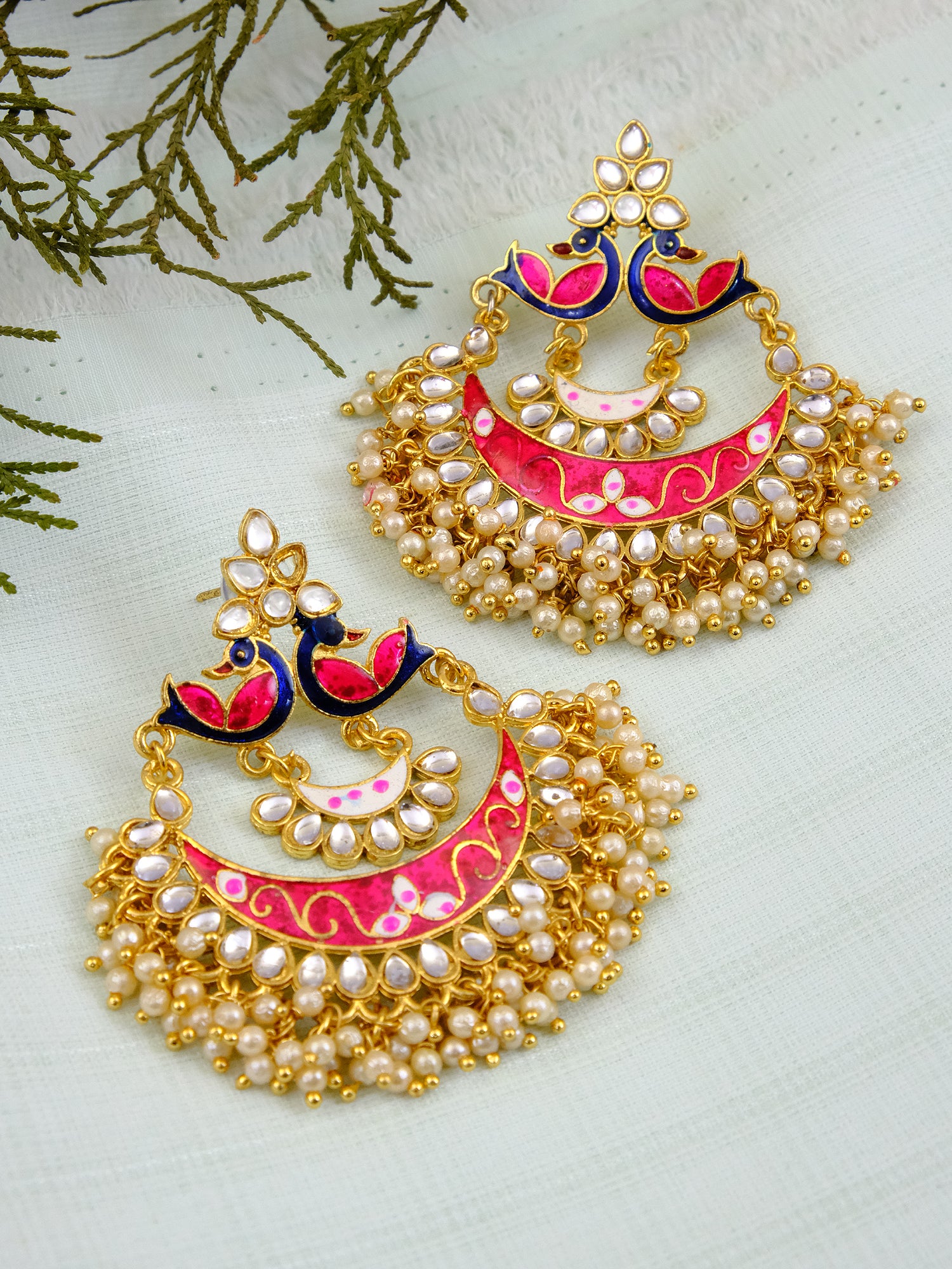 Pink chandbali Kemp Earrings - South India Jewels